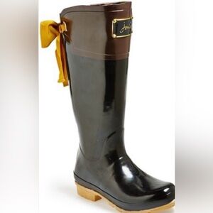 Joules Black and Brown Women's Rain Boots with Yellow Bow